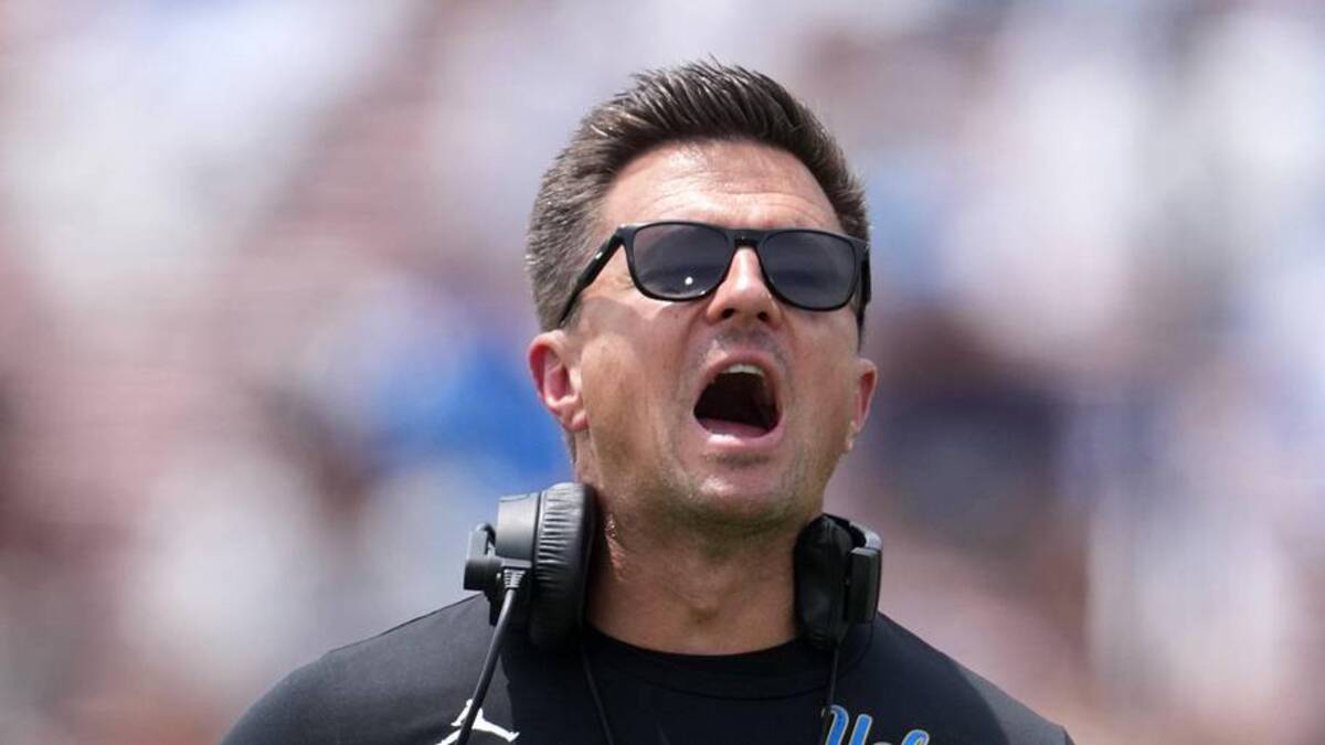  May 2, 2026; Pasadena, CA, USA; UCLA Bruins coach Bob Chesney reacts during the spring game at Rose Bowl. Mandatory Credit: Kirby Lee-Imagn Images | Kirby Lee-Imagn Images 