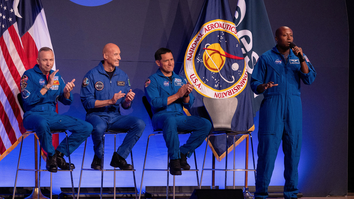 Mission specialist Andre Douglas speaks during the unveiling for the NASA Artemis III mission at an event at NASA Johnson Space Center in Houston, Texas, U.S., June 9, 2026.   REUTERS/Antranik Tavitian