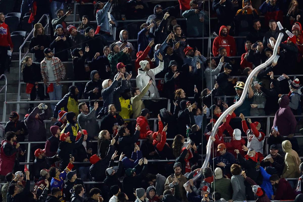  D.C. Defenders fans build a beer snake in the stands during the game against the Seattle Sea Dragons at Audi Field on Feb. 19, 2023, in Washington, D.C. Geoff Burke-USA TODAY Sports