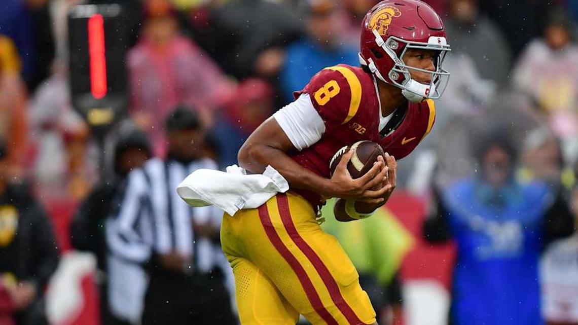  Nov 15, 2025; Los Angeles, California, USA; Southern California Trojans wide receiver Ja'Kobi Lane (8) catches a pass against the Iowa Hawkeyes during the first half at the Los Angeles Memorial Coliseum. Mandatory Credit: Gary A. Vasquez-Imagn Images | Gary A. Vasquez-Imagn Images 
