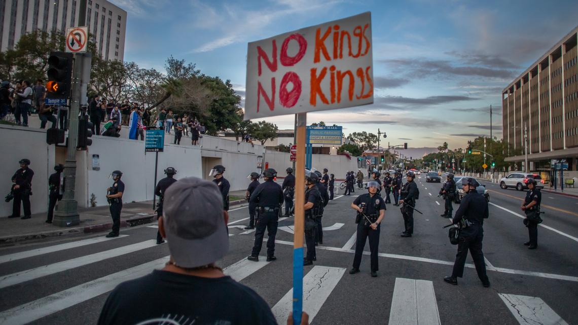 Anti-Trump “No Kings” Protests Held Across The US. A man holds a sign near the Metropolitan Detention Center to protest immigration enforcement and Federal overreach during a national 'No Kings' protest on March 28, 2026 in Los Angeles, California. This is the third nationwide "No Kings" protest held against the Trump administration. 