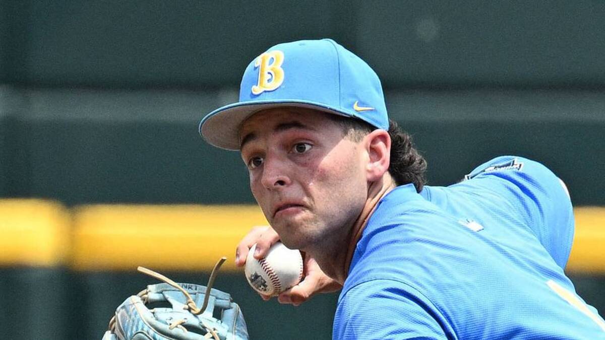  Jun 14, 2025; Omaha, Neb, USA; UCLA Bruins shortstop Roch Cholowsky (1) completes a double play against the Murray State Racers during the second inning at Charles Schwab Field. Mandatory Credit: Steven Branscombe-Imagn Images | IMAGN IMAGES via Reuters Connect 