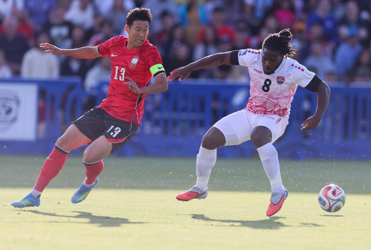 Son Heung-Min #13 of the Korea Republic and Daniel Phillips #8 of Trinadad and Tobago chase a loose ball during the first half of their international friendly match at BYU South Field on May 30, 2026 in Provo, Utah. (Photo by Chris Gardner/Getty Images) Photo by Chris Gardner/Getty Images