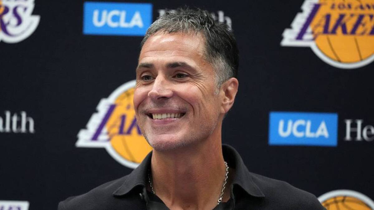  Sep 25, 2024; El Segundo, CA, USA; Los Angeles Lakers general manager Rob Pelinka at press conference at UCLA Health Training Center. Mandatory Credit: Kirby Lee-Imagn Images | USA TODAY Sports via Reuters Connect 