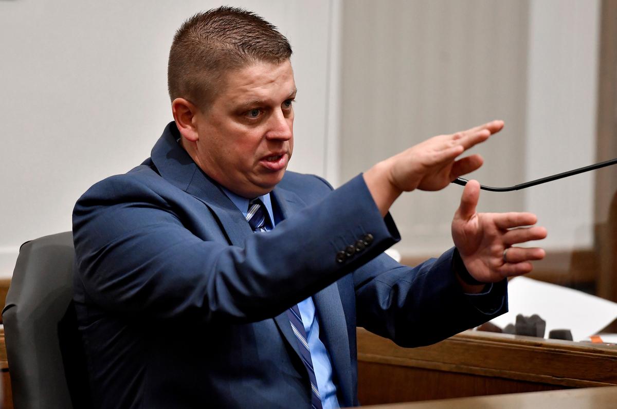 Eric DeValkenaere is pictured in a file photo from his 2021 trial for manslaughter. Family of Mackenzie Hopkins said police told them the case was the reason why two officers did not go inside her home after she called 911.