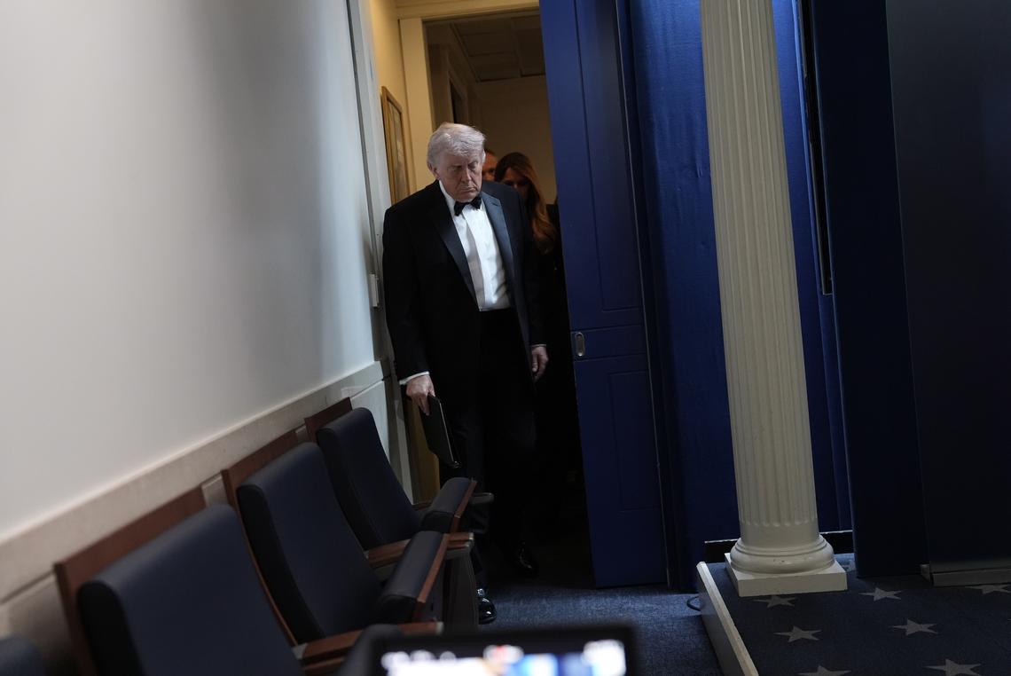 President Donald Trump arrives to brief reporters at the White House after shots were fired during the White House Correspondents' Association dinner at the Washington Hilton on Saturday, April 25, 2026. Trump was rushed from the stage but was unharmed. (Salwan Georges/The New York Times)