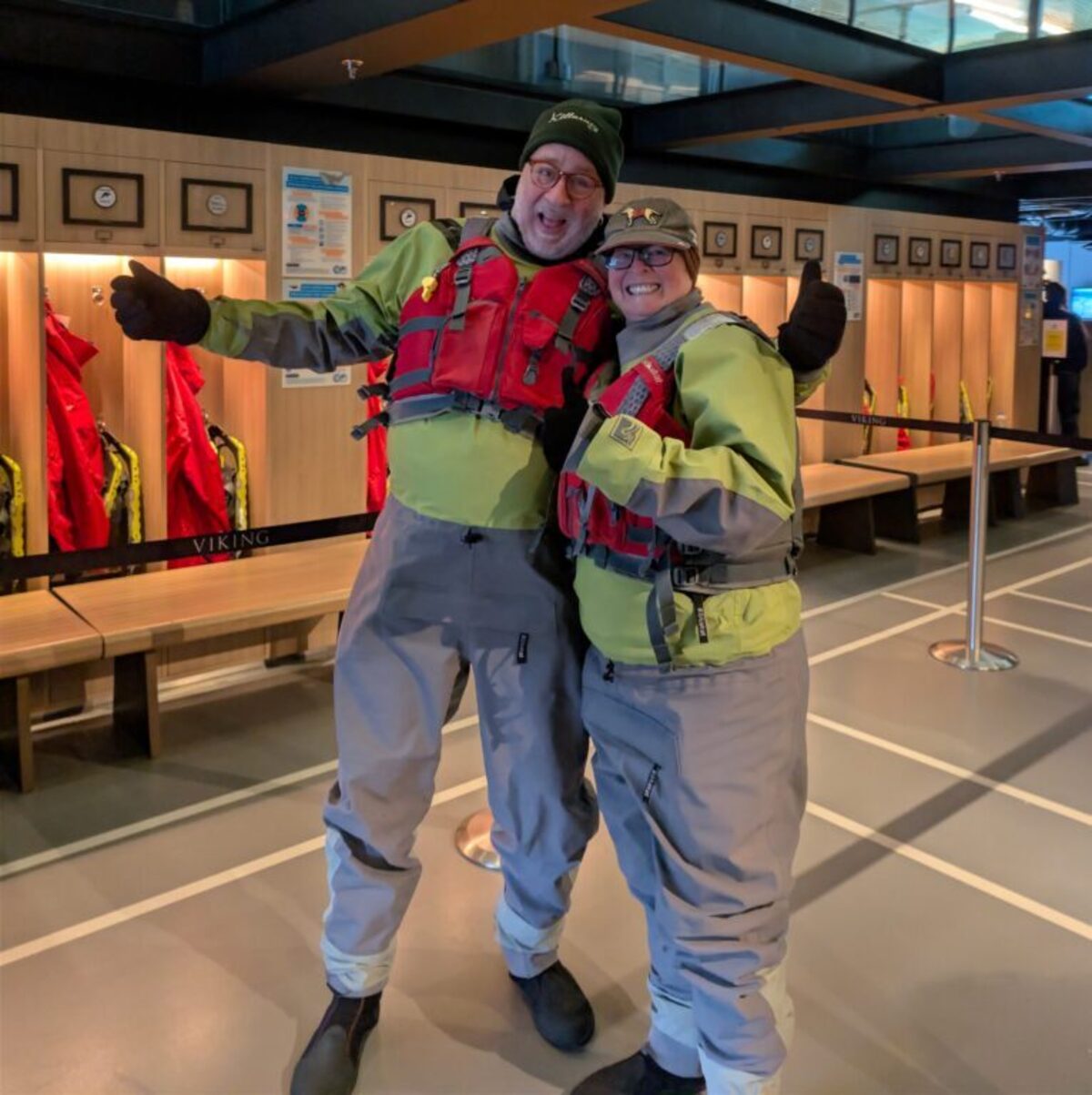  Hubby and I dressed in survival gear for our kayak excursion, with many layers of clothing underneath. Photo credit: Cindy Richards 