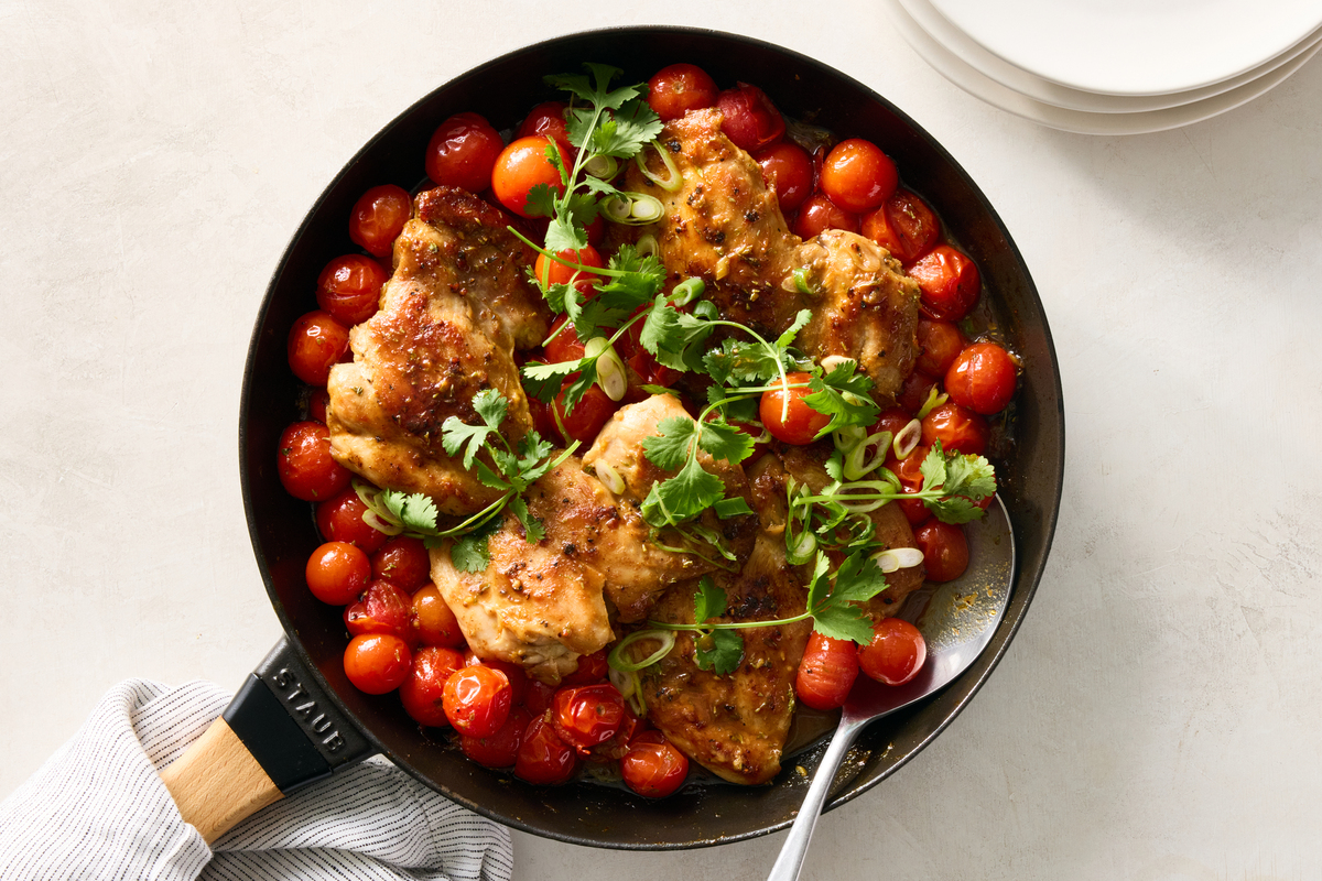 Dijon Chicken With Tomatoes and Scallions. Food Stylist: Susie Theodorou. (Christopher Simpson/The New York Times)