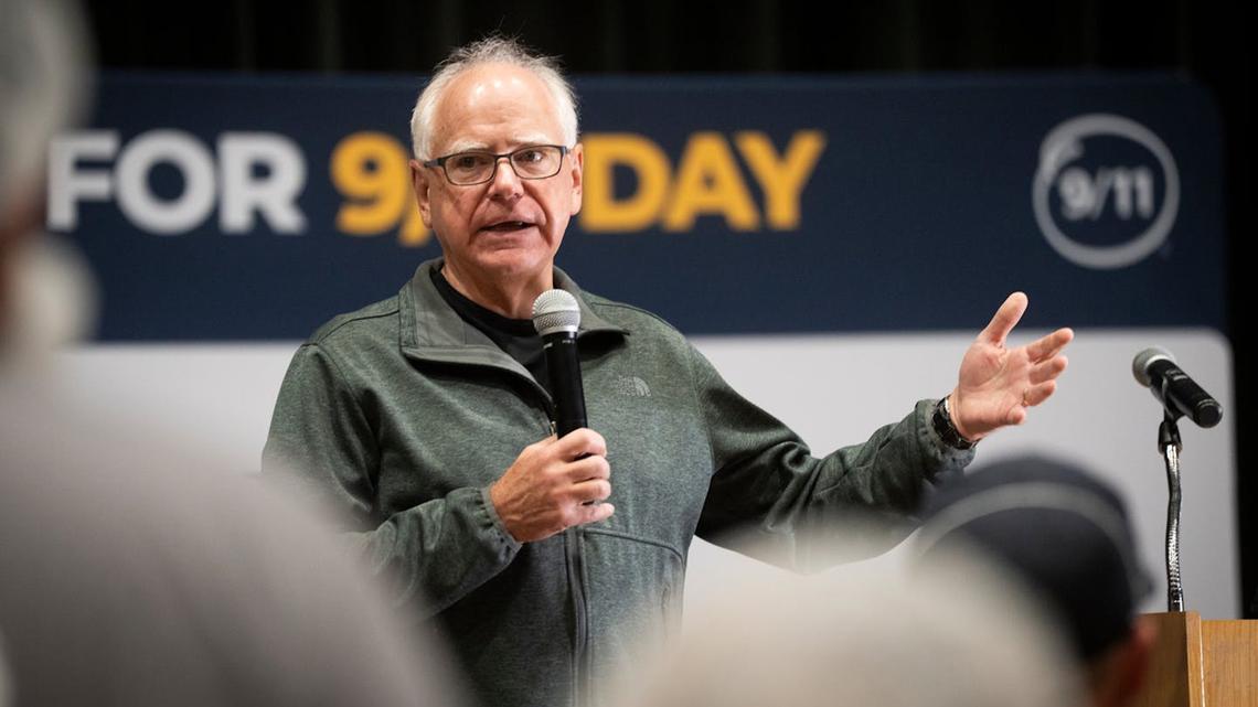 Minnesota Gov. Tim Walz speaks at the 9/11 Day Meal Pack event at Roy Wilkins Auditorium in St. Paul, Innesota, on Sept. 11, 2025. (Renée Jones Schneider/The Minnesota Star Tribune/TNS)