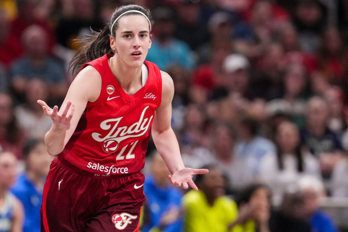  Indiana Fever guard Caitlin Clark (22) reacts to the action Saturday, May 9, 2026, during the first half of the Fever's season opener game at Gainbridge FIeldhouse in Indianapolis. 