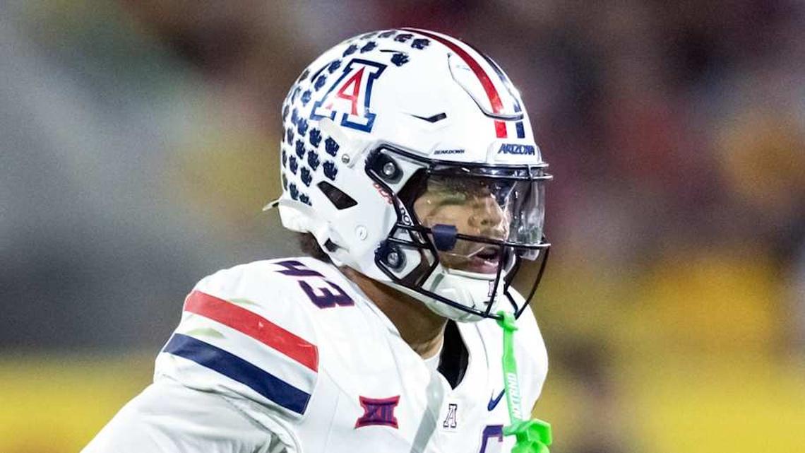  Nov 28, 2025; Tempe, Arizona, USA; Arizona Wildcats defensive back Dalton Johnson (43) against the Arizona State Sun Devils during the 99th Territorial Cup at Mountain America Stadium. Mandatory Credit: Mark J. Rebilas-Imagn Images | Mark J. Rebilas-Imagn Images 