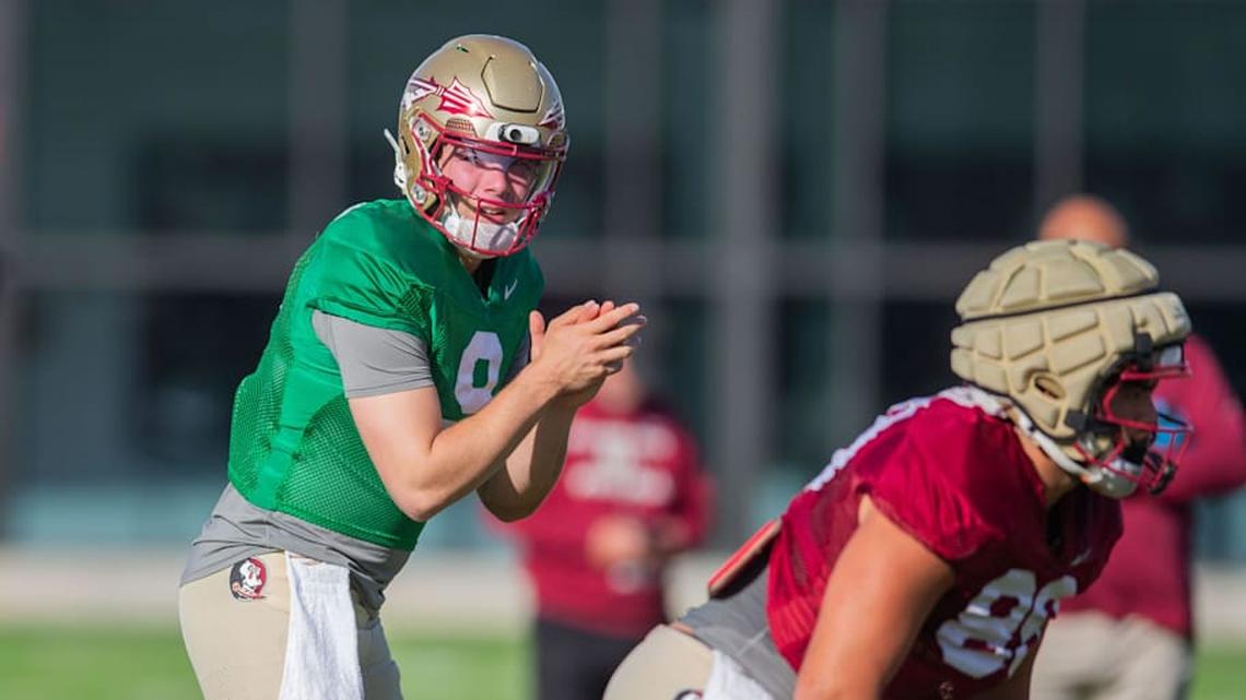  Florida State Seminoles quarterback Kevin Sperry (9) calls a play during practice Thursday, April 9, 2026. | Alicia Devine/Tallahassee Democrat / USA TODAY NETWORK via Imagn Images 