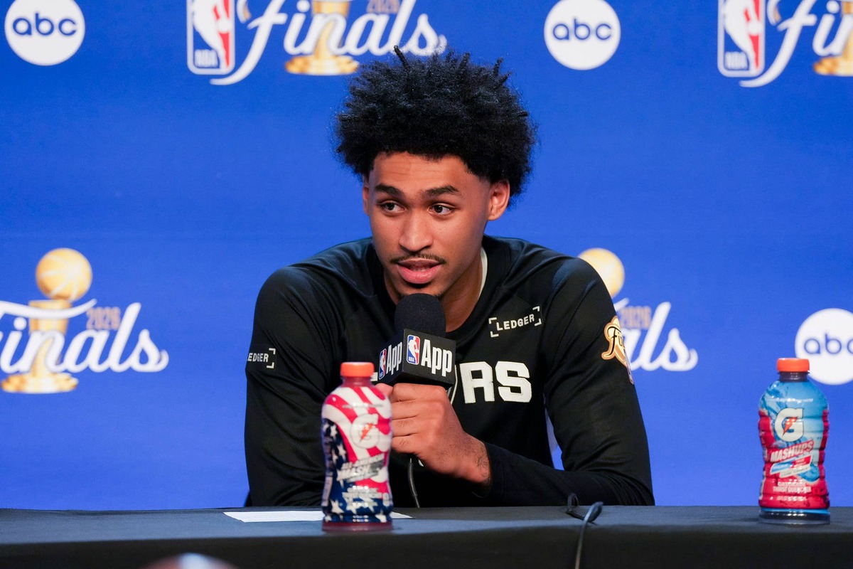  Jun 3, 2026; San Antonio, Texas, USA; San Antonio Spurs guard Dylan Harper speaks to the media after game one of the 2026 NBA Finals at Frost Bank Center. Mandatory Credit: Scott Wachter-Imagn Images 
