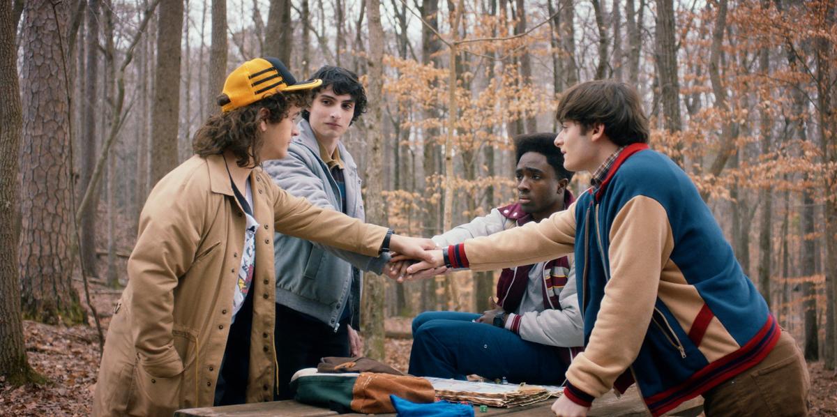 Gaten Matarazzo, Finn Wolfhard, Caleb McLaughlin and Noah Schnapp in Stranger Things Season 5. 