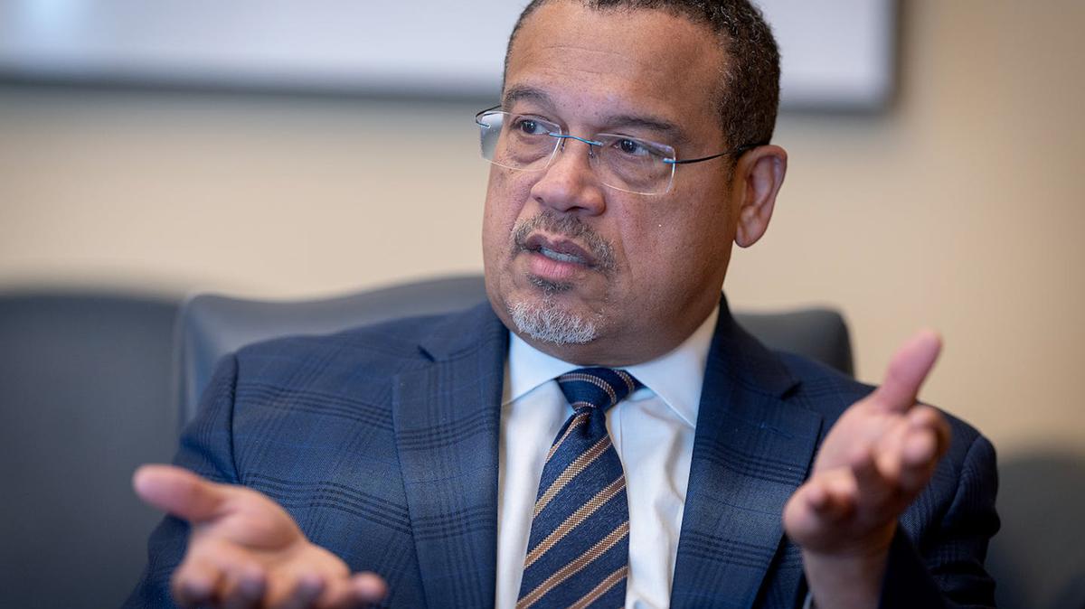Minnesota Attorney General Keith Ellison discusses the Trump administration at his St. Paul office last year. On Monday, the administration sued Minnesota over its climate lawsuit against oil companies. (Elizabeth Flores/The Minnesota Star Tribune/TNS)