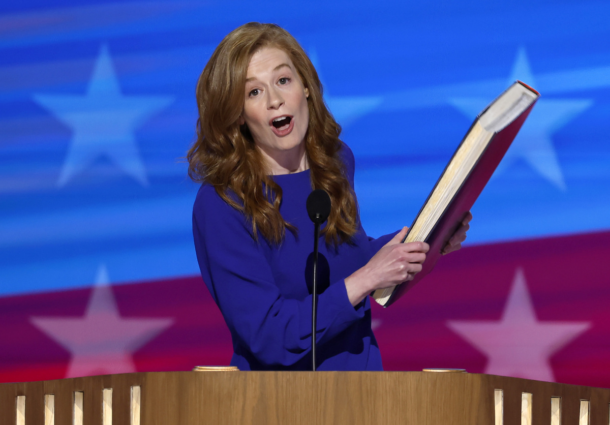  Michigan State Senator Mallory McMorrow delivers remarks “Project 2025 – Chapter One: Introduction” during the first day of the Democratic National Convention at the United Center on August 19, 2024, in Chicago. 