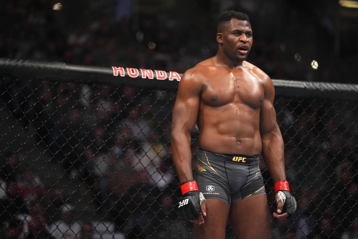 ANAHEIM, CALIFORNIA - JANUARY 22: Francis Ngannou of Cameroon battles Ciryl Gane of France during the UFC 270 event at Honda Center on January 22, 2022 in Anaheim, California. (Photo by Cooper Neill/Zuffa LLC) 