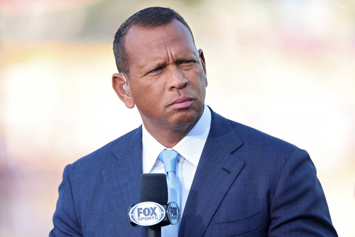  LOS ANGELES, CALIFORNIA - OCTOBER 20: Alex Rodriguez broadcasts prior to Game Six of the National League Championship Series at Dodger Stadium on October 20, 2024 in Los Angeles, California. (Photo by Sean M. Haffey/Getty Images) 