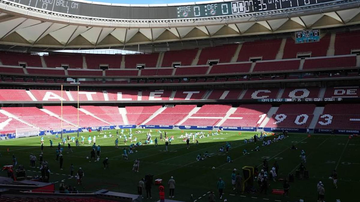 A general overall view of Miami Dolphins practice at Estadio Riyadh Air Metropolitano in Spain.