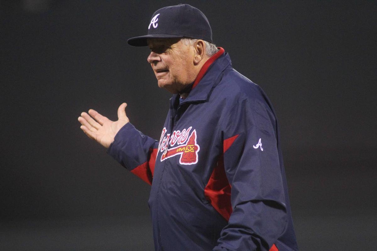  October 8, 2010; San Francisco, CA, USA; Atlanta Braves manager Bobby Cox (6) argues a call during the second inning in game two of the 2010 NLDS against the San Francisco Giants at AT&T Park. Cox was ejected from the game. Mandatory Credit: Cary Edmondson-USA TODAY Sports 