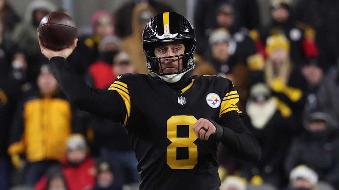  Dec 15, 2025; Pittsburgh, Pennsylvania, USA; Pittsburgh Steelers quarterback Aaron Rodgers (8) throws in the third quarter against the Miami Dolphins at Acrisure Stadium. Mandatory Credit: Charles LeClaire-Imagn Images | Charles LeClaire-Imagn Images 