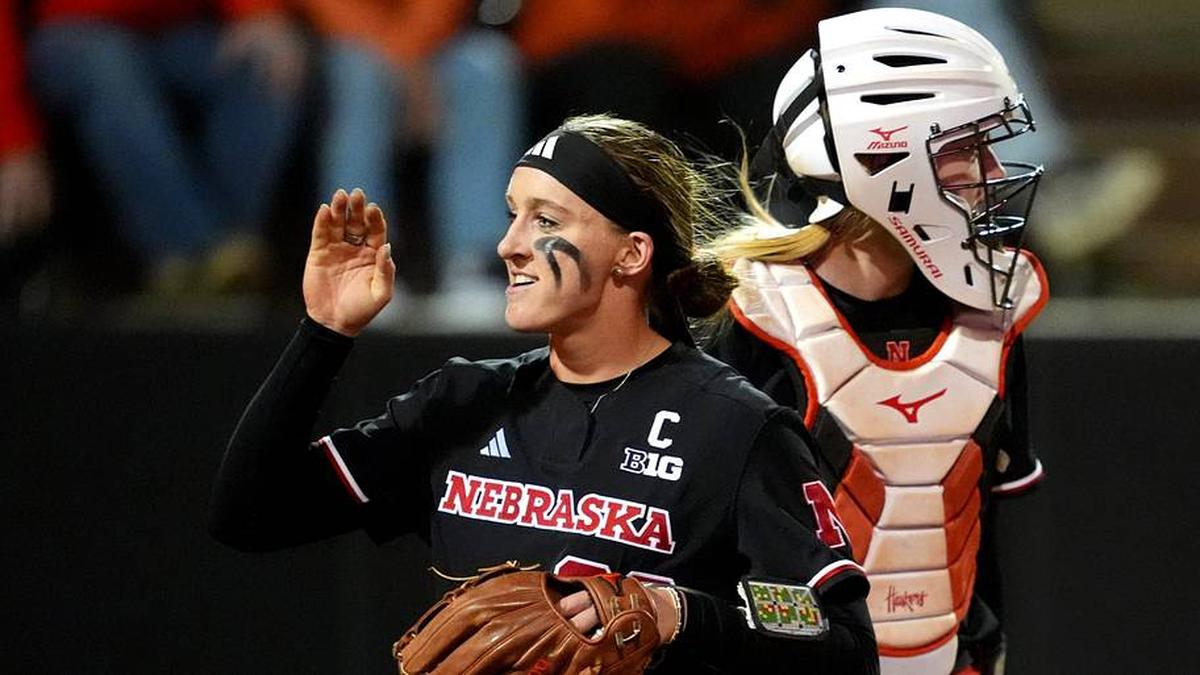  Nebraska's Jordy Frahm (98) celebrates during the college softball game between the Oklahoma State University Cowgirls and the Nebraska Cornhuskers in Stillwater, Okla., Thursday Feb. 26, 2026. | SARAH PHIPPS/THE OKLAHOMAN / USA TODAY NETWORK via Imagn Images 