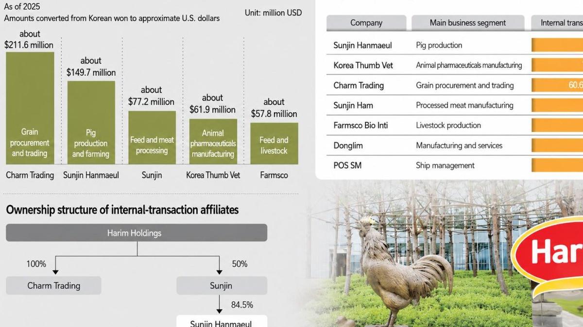 Harim Group’s internal affiliate transactions reached high levels in 2025, with Charm Trading recording about $211.6 million in internal transactions and some unlisted affiliates depending on group transactions for more than 80% of sales. Data from Financial Supervisory Service. Graphic by Asia Today and translated by UPI
