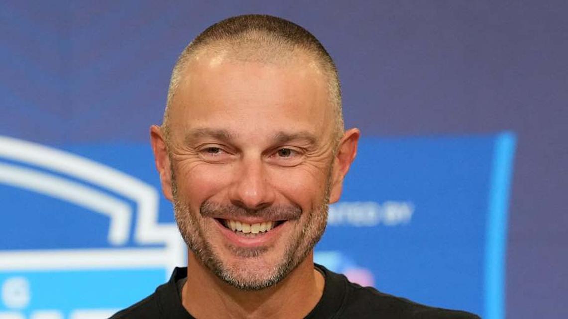  Feb 24, 2026; Indianapolis, IN, USA; Las Vegas Raiders general manager John Spytek speaks at the NFL Scouting Combine at the Indiana Convention Center. Mandatory Credit: Kirby Lee-Imagn Images | Kirby Lee-Imagn Images 