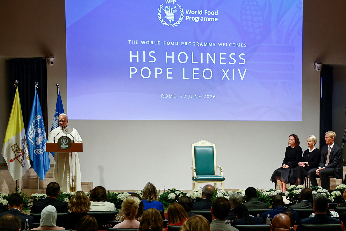 Pope Leo speaks during his visit to the Rome headquarters of the United Nations World Food Programme, where he addresses participants at the agency's annual executive board session, in Rome, Italy, June 22, 2026. REUTERS/Vincenzo Livieri