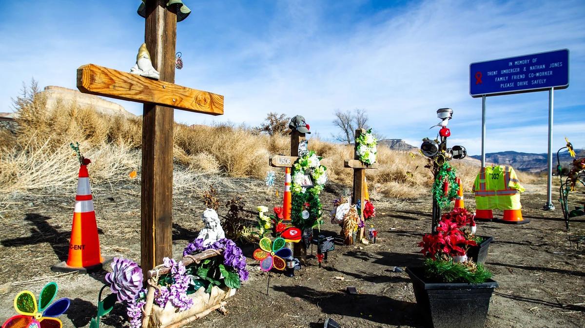 A memorial on the side of U.S. Highway 6 near Palisade, Colorado, marks where a vehicle struck two state transportation workers who were replacing a sign in September 2024. The driver had oxycodone and THC, the psychoactive compound in marijuana, in his system at the time of the crash, which killed the workers and the vehicle’s passenger. (Larry Robinson/The Daily Sentinel/TNS)