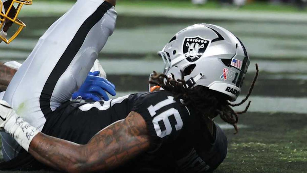  Sep 15, 2025; Paradise, Nevada, USA; Los Angeles Chargers cornerback Donte Jackson (26) makes an interception in the end zone on a pass intended for Las Vegas Raiders wide receiver Jakobi Meyers (16) during the fourth quarter at Allegiant Stadium. Mandatory Credit: Kiyoshi Mio-Imagn Images | Kiyoshi Mio-Imagn Images 