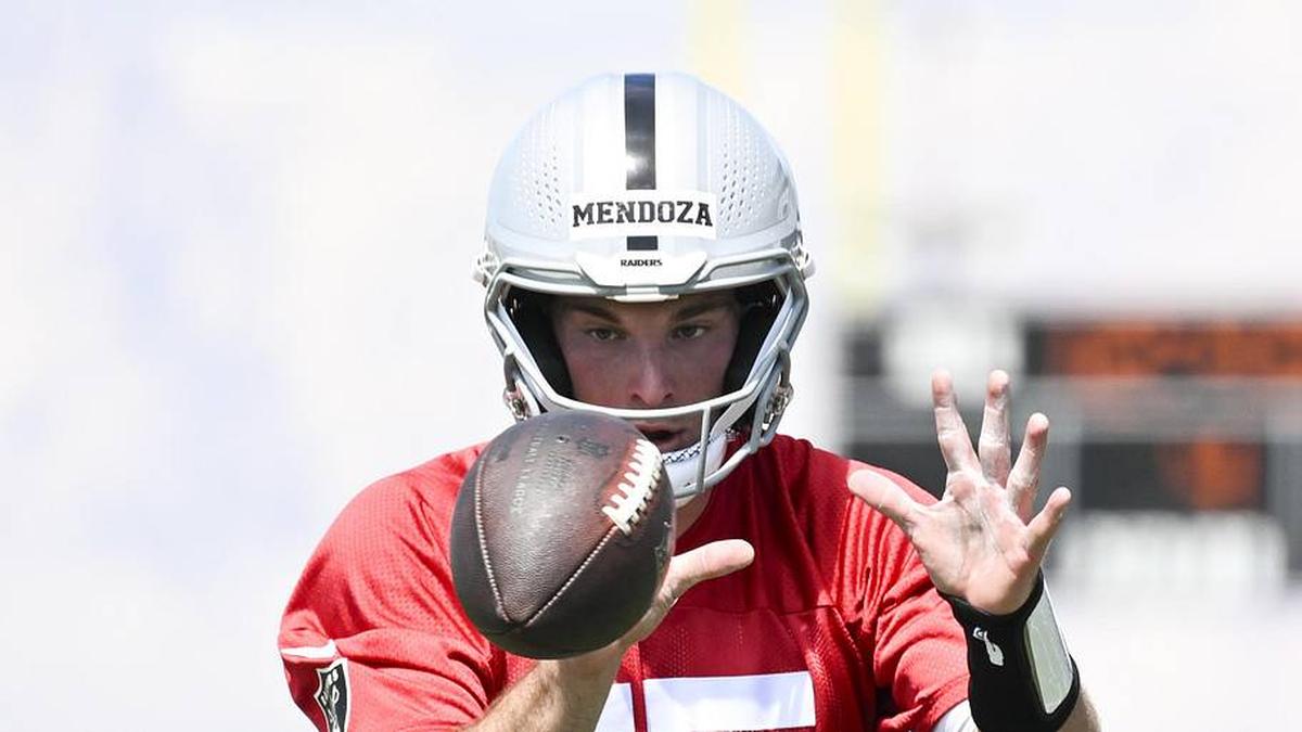  May 2, 2026; Henderson, NV, USA; Las Vegas Raiders quarterback Fernando Mendoza (15) runs through a drill during a Rookie Minicamp at Intermountain Health Performance Center. Mandatory Credit: Candice Ward-Imagn Images | Candice Ward-Imagn Images 