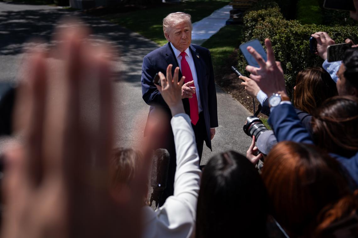 President Donald Trump speaks to reporters outside the White House as he departs Washington, on Thursday, April 16, 2026, en route to Las Vegas. President Trump announced on Thursday that the leaders of Israel and Lebanon have agreed to a 10-day cease-fire, a development that could bring an end to fighting between Israel and the Iranian-backed militant group, Hezbollah. (Haiyun Jiang/The New York Times)