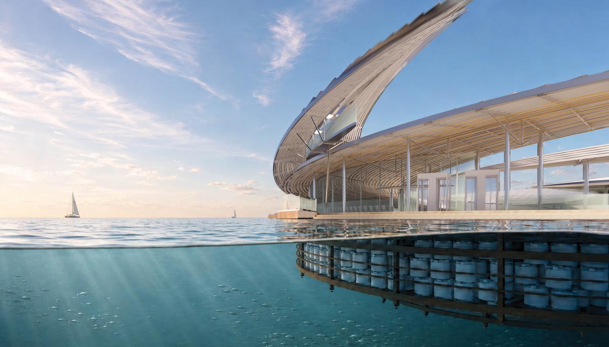  A rendering of Ocean Vortex, which incorporates recycled plastic barrels and other ocean debris into its floating support system. 