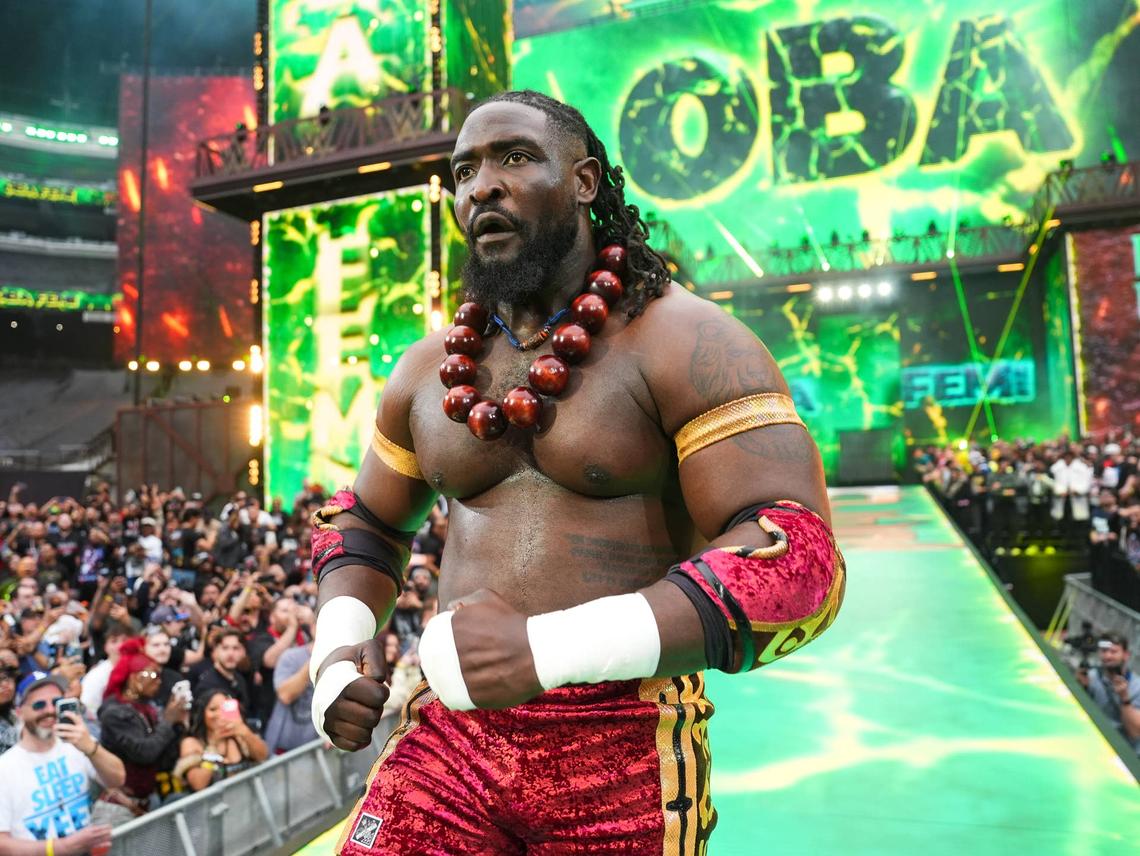 Oba Femi makes his entrance at WrestleMania 42 before defeating Brock Lesnar in a breakout performance.Getty Images