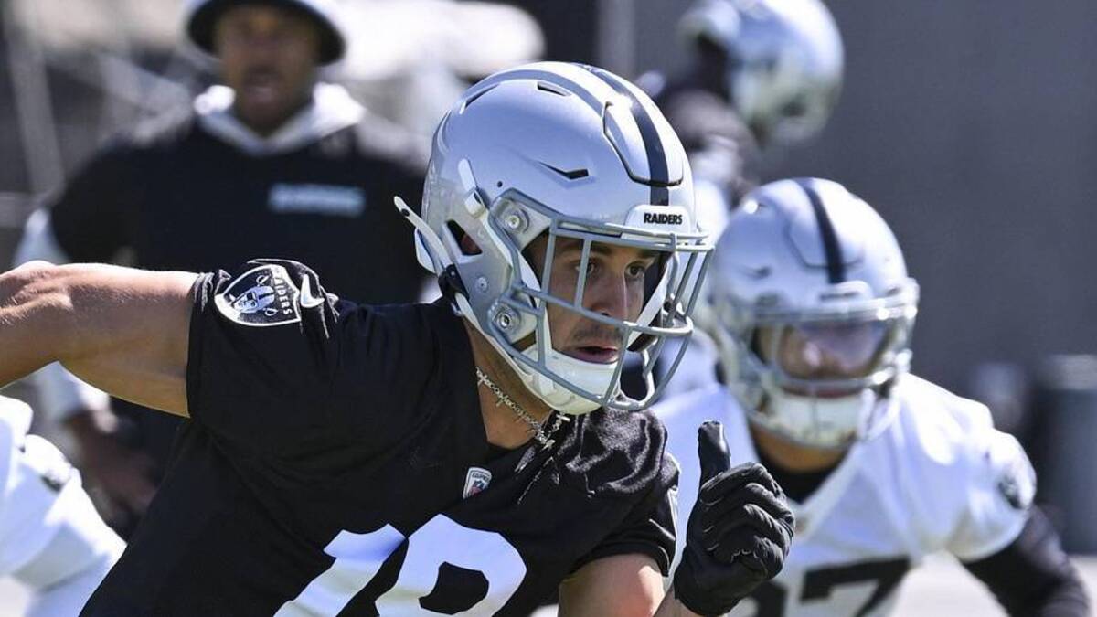  May 28, 2026; Henderson, NV, USA; Las Vegas Raiders wide receiver Jack Bech (18) runs through a drill during organized team activities at Intermountain Health Performance Center. Mandatory Credit: Candice Ward-Imagn Images | Candice Ward-Imagn Images 