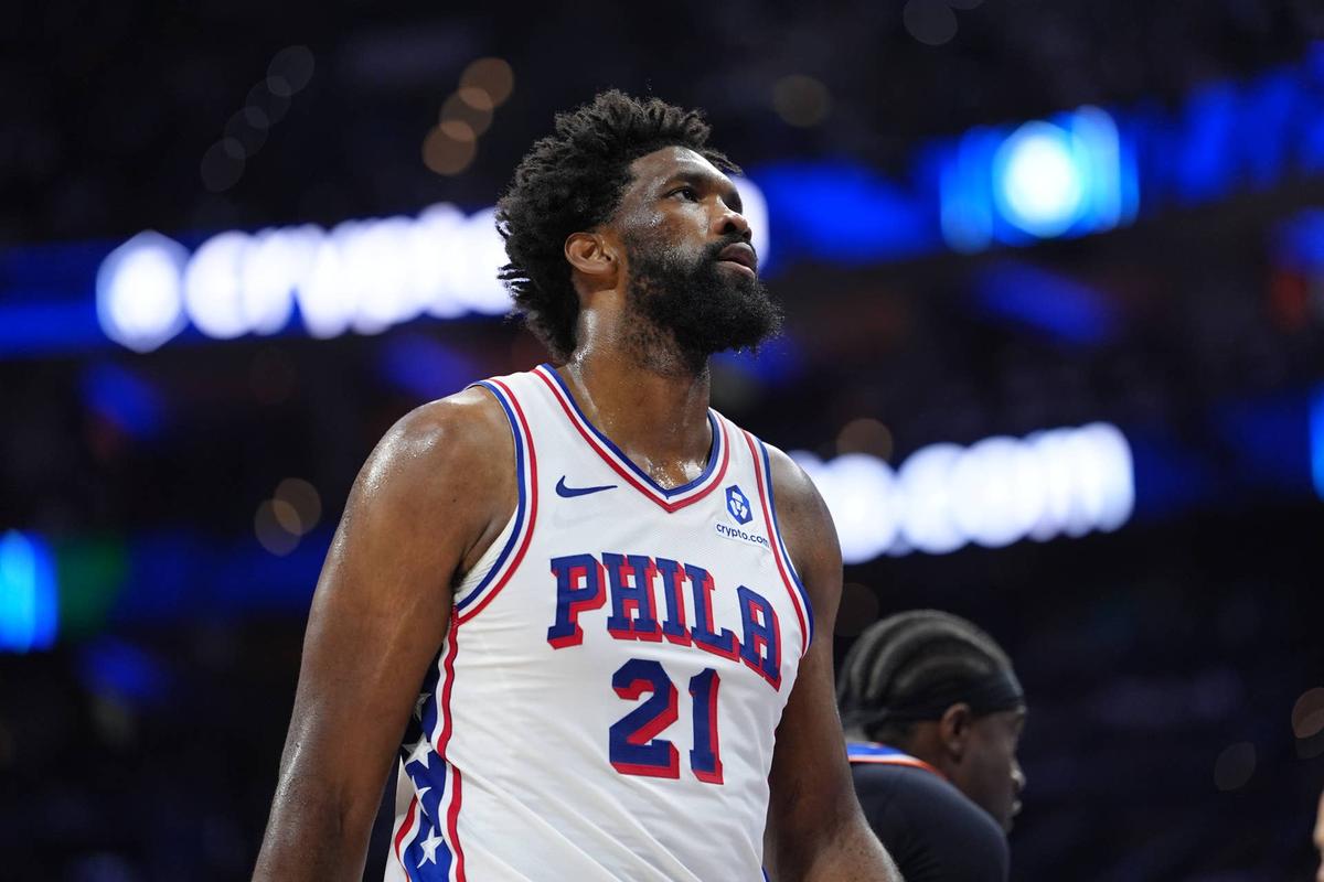  Philadelphia 76ers center Joel Embiid looks on against the New York Knicks during Game 4 of the second round of the 2026 NBA playoffs. Kyle Ross-Imagn Images