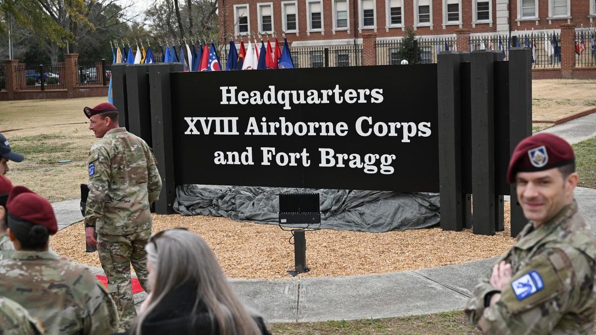 A new sign is unveiled during a ceremony renaming Fort Liberty to Fort Bragg at the Army base in North Carolina, on Friday, March 7, 2025. The Trump administration will officially reinstate the name of an Army base in North Carolina on Friday to Fort Bragg, which was originally named for an incompetent Confederate general who owned enslaved people. (Kenny Holston/The New York Times)