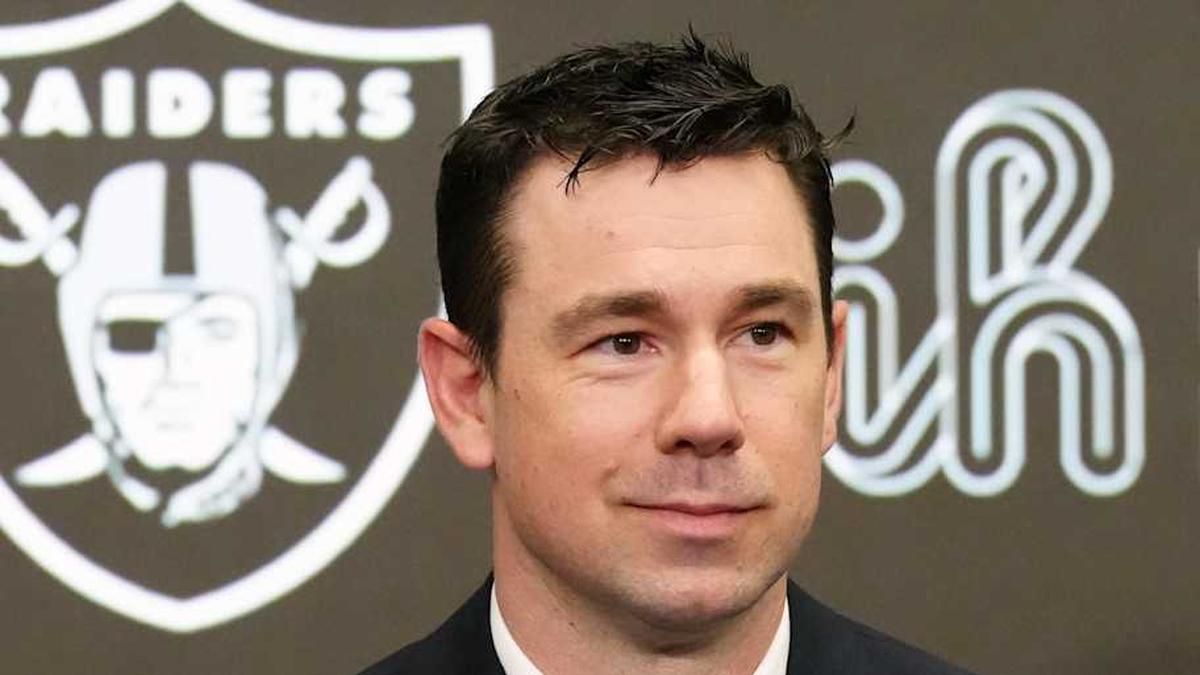 Feb 10, 2026; Henderson, NV, USA; Las Vegas Raiders coach Klint Kubiak speaks at introductory press conference at Intermountain Health Performance Center. Mandatory Credit: Kirby Lee-Imagn Images | Kirby Lee-Imagn Images 