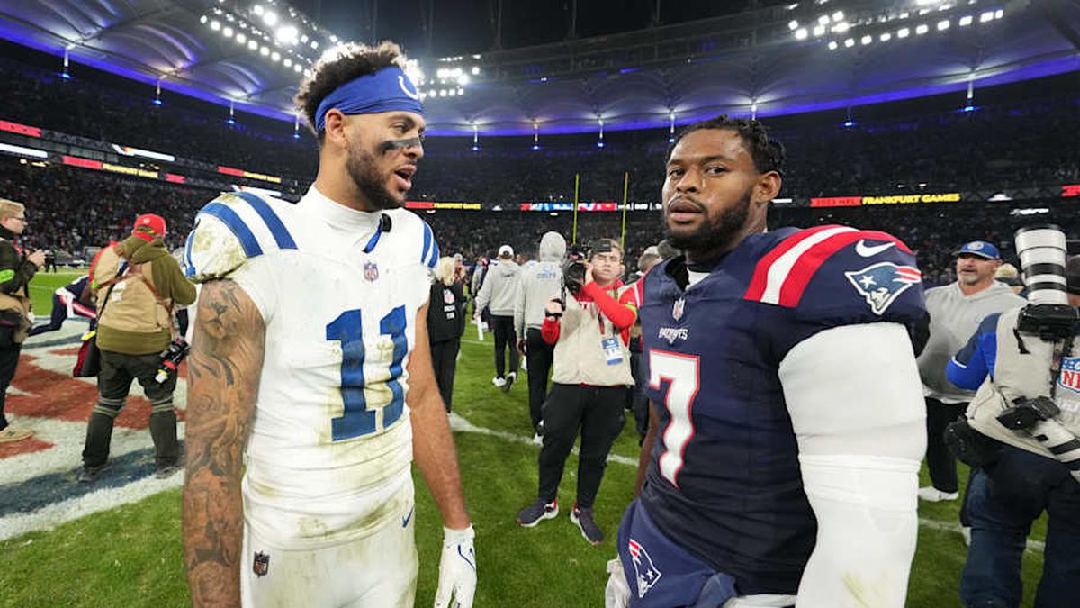  Nov 12, 2023; Frankfurt, Germany; Indianapolis Colts wide receiver Michael Pittman Jr. (11) talks with New England Patriots wide receiver JuJu Smith-Schuster (7) after an NFL International Series game at Deutsche Bank Park. Mandatory Credit: Kirby Lee-Imagn Images | Kirby Lee-Imagn Images 