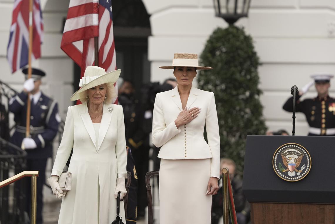 First lady Melania Trump, right, with Queen Camilla during an arrival ceremony on the South Lawn of the White House in Washington, on Tuesday, April 28, 2026. (Salwan Georges/The New York Times)