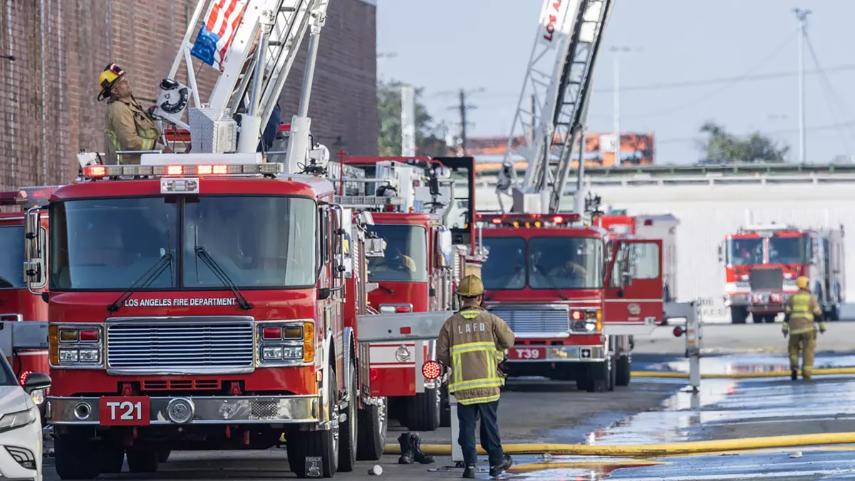 Firefighters continue battling a fire that's been burning for days at Lineage Logistics cold storage in Los Angeles' Boyle Heights neighborhood on June 20, 2026. (Myung J. Chun/Los Angeles Times/TNS)