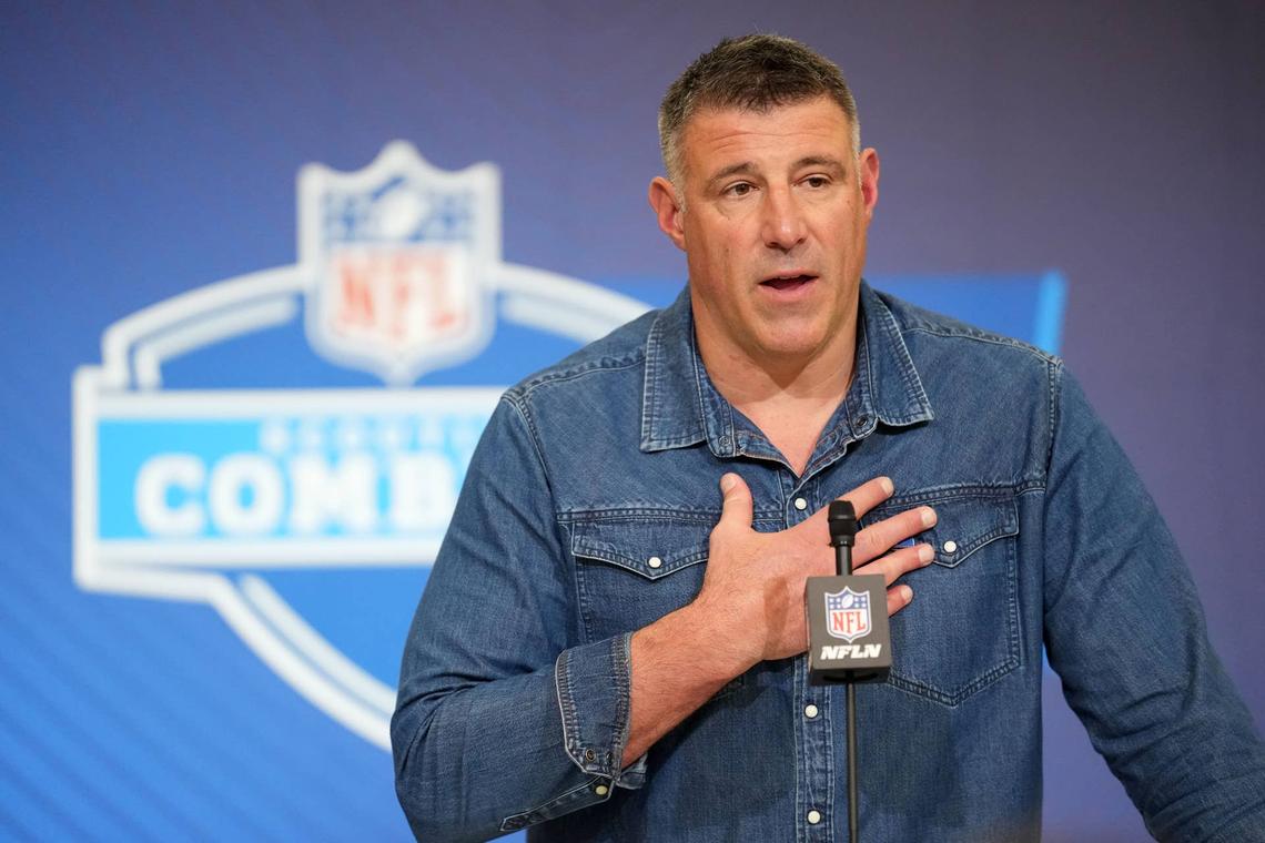  Feb 25, 2026; Indianapolis, IN, USA; New England Patriots coach Mike Vrabel speaks during the NFL Scouting Combine at the Indiana Convention Center. Mandatory Credit: Kirby Lee-Imagn Images 
