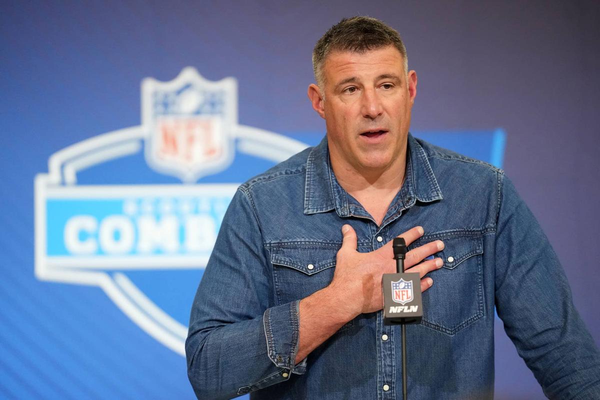  Feb 25, 2026; Indianapolis, IN, USA; New England Patriots coach Mike Vrabel speaks during the NFL Scouting Combine at the Indiana Convention Center. Mandatory Credit: Kirby Lee-Imagn Images 