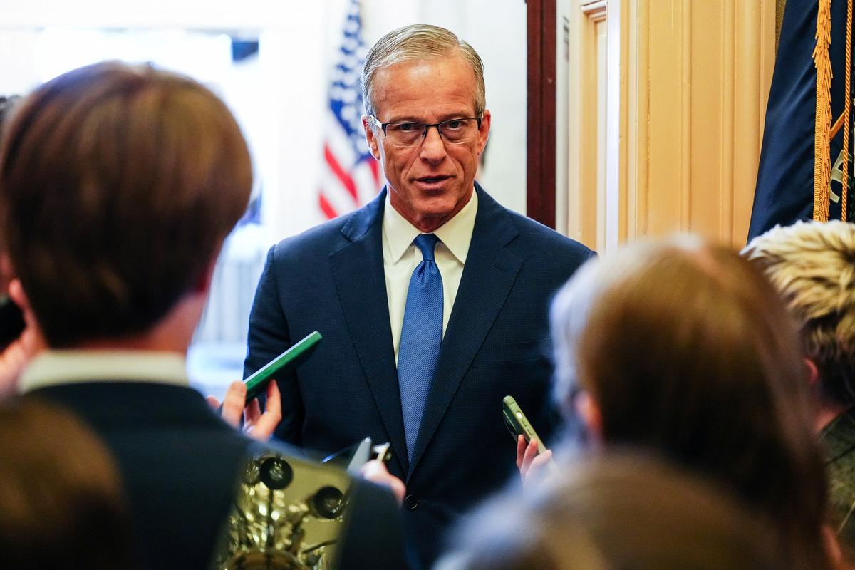Senate Majority Leader John Thune (R-SD) talks with reporters after leaving the Senate floor on Capitol Hill in Washington, D.C., U.S., April 28, 2026. REUTERS/Eric Lee
