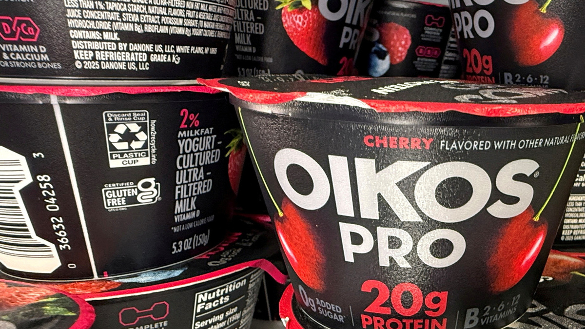 FILE PHOTO: Danone Oikos Pro, protein-packed yogurt, for sale in a cooler at a grocery store in Port Washington, New York, U.S., May 4, 2026. REUTERS/Shannon Stapleton/File Photo