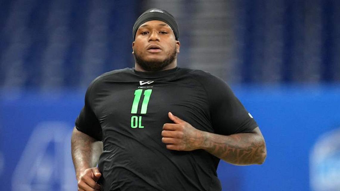  Texas offensive lineman DJ Campbell (OL11) during the NFL Scouting Combine at Lucas Oil Stadium | Kirby Lee-Imagn Images 