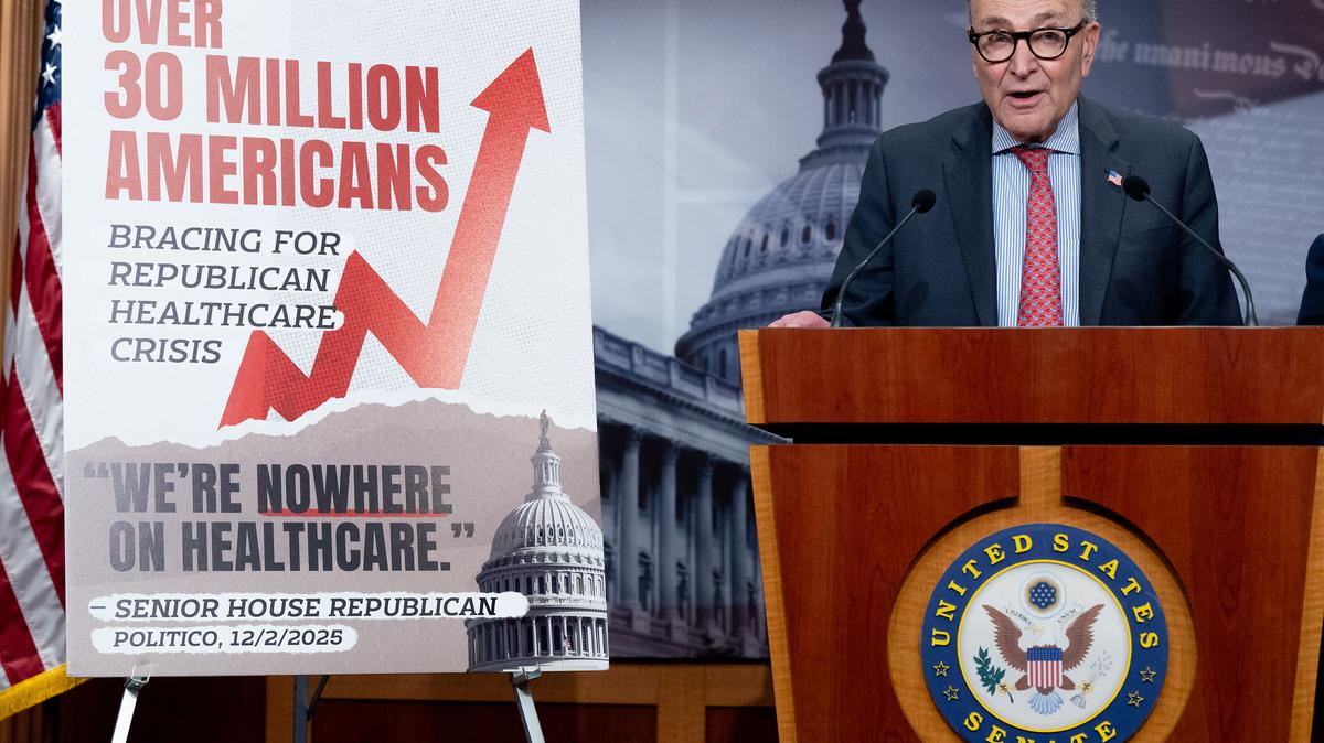 U.S. Senate Minority Leader Chuck Schumer, Democrat of New York, speaks following a failed vote in the U.S. Senate over healthcare subsidies, during a press conference at the U.S. Capitol in Washington, D.C., Dec. 11, 2025. (Saul Loeb/AFP/Getty Images/TNS)