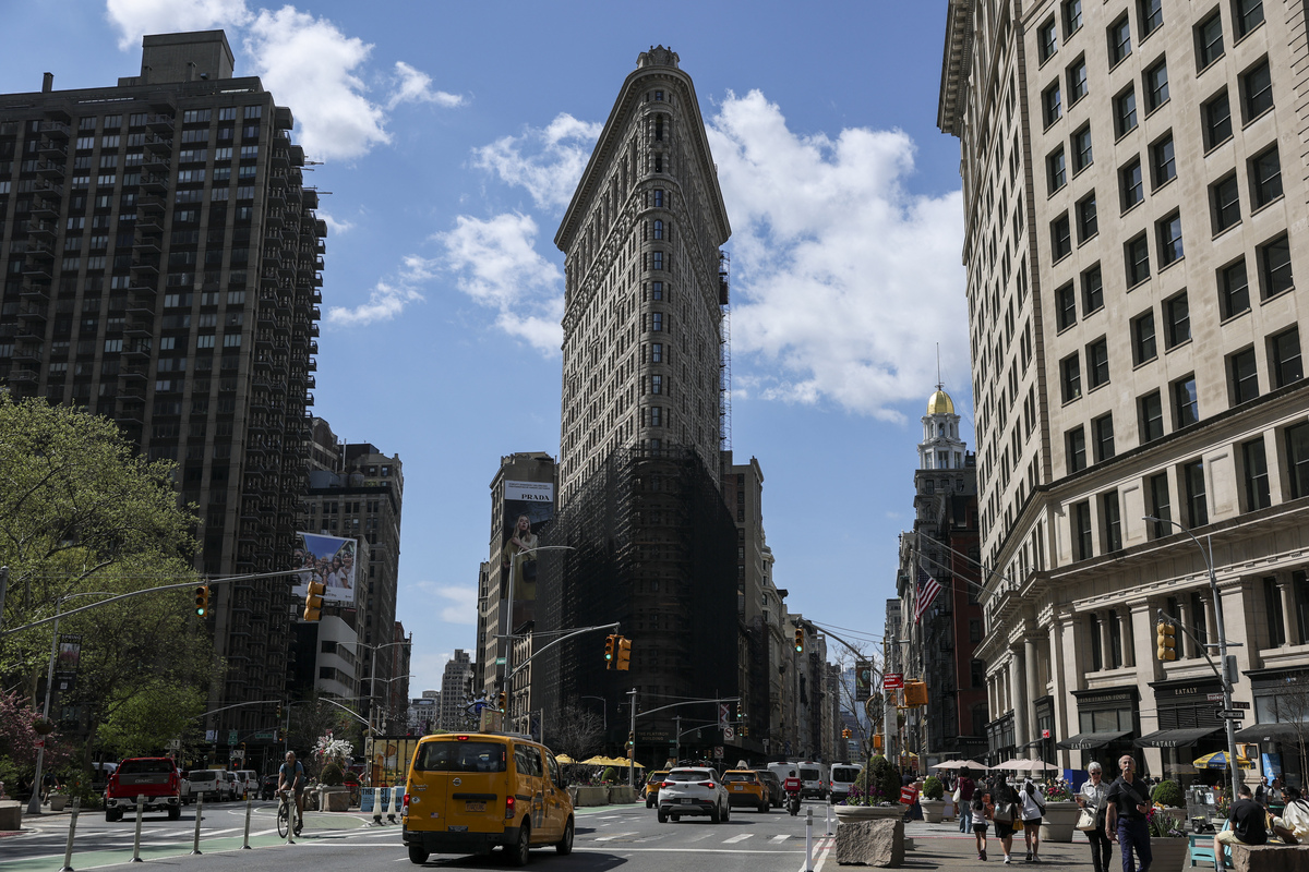  A view of the Flatiron Building in New York City, which is being converted into private residences, pictured here with scaffolding in April 2026. 