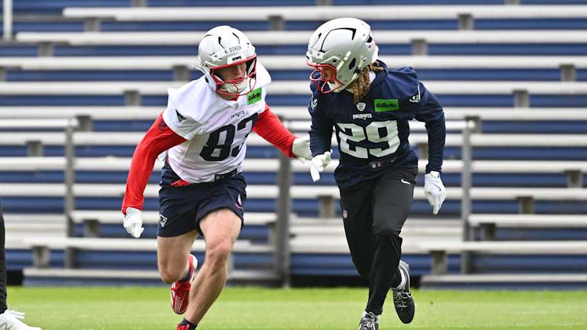  May 9, 2026; Foxborough, MA, USA; New England Patriots wide receiver Kyle Dixon (83) and cornerback Channing Canada (29) run drills during the New England Patriots rookie camp at Gillette Stadium. Mandatory Credit: Eric Canha-Imagn Images | Eric Canha-Imagn Images 